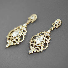 Load image into Gallery viewer, Mariell Victorian Scrolls 14k Gold Plated Cubic Zirconia Wedding or Evening Chandelier Earrings
