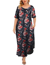 Load image into Gallery viewer, GXLU Women's Plus Size Summer Black Maxi Dresses Short Sleeve Casual Loose Plain Split Beach Party Mother of The Bride Long Dress with Pockets Floral Print Black 4X
