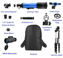 Load image into Gallery viewer, MaxUSee 70mm Refractor Telescope with Adjustable Tripod for Kids Adults &amp; Beginners + Portable 10X42 HD Monocular Bak4 Prism FMC Lens, Travel Scope with Backpack and Phone Adapter
