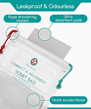Load image into Gallery viewer, Medi Grade Absorbent Sick Bags for Car Travel, Boat or Plane - Pack of 22 Leakproof Travel Sickness Vomit Bags with Zero Odour – Sealable Travel Sick Bags, Turns Vomit to Gel, Holds Up to 1 Litre
