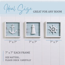 Load image into Gallery viewer, TideAndTales Nautical Wall Decor Set of 3 (7"x7") Rustic Beach Decor with 3D Anchor, Lighthouse and Ship Wheel | Wooden Beach Bathroom Decor | Ocean Coastal Theme Decorations for Home Nautical Gifts
