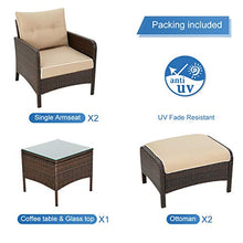 Load image into Gallery viewer, U-MAX 5 Pieces Patio Furniture Set Outdoor Chair and Ottoman Set with Cushions &amp; Side Table, Brown PE Wicker Rattan Lawn Pool Balcony Backyard Conversation Lounge Set, White &amp; Tan Cushion
