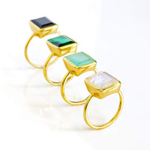 Load image into Gallery viewer, Rectangular Green Tourmaline ring, stackable ring, Vermeil Gold or sterling silver, bezel set ring, oval ring, Dark green gemstone ring, October Birthstone ring
