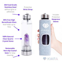 Load image into Gallery viewer, Kiara Crystal Elixir Bottle | 16oz Natural Gemstone Water Bottle for Making Crystal Infused Gemwater | Includes Premium Healing Crystal, Free E-Book and Neoprene Sleeve (Super Sleeve - Amethyst)
