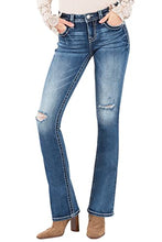 Load image into Gallery viewer, Miss Me Women's Sassy Night Mid-Rise Boot Jeans with Embroidered Dreamy Horse in The Moon (28, Dark Blue)
