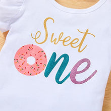 Load image into Gallery viewer, Baby Girl 1st Birthday Cake Smash Outfits Donuts Romper+Tutu Skirt+Headband+Leg Warmers Clothes 4Pcs Set（Colorful 1, 9-12 Months）
