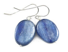 Load image into Gallery viewer, Sterling Silver Kyanite Earrings Deep Blue Smooth Oval Drops Simple Everyday Dangles
