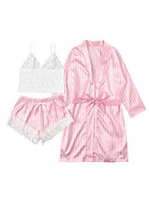 Load image into Gallery viewer, SheIn Women's Sheer Lace Bralette and Striped Shorts Pajama Lingerie Set with Robe Pink Large
