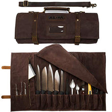Load image into Gallery viewer, Waxed Canvas Chef Knife Roll - 15 Knife Slots, Card Holder and Zippered Pocket - Genuine Leather and Brass Buckles - Knives Not Included (Brown)
