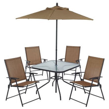 Load image into Gallery viewer, 6 Piece Outdoor Folding Patio Set - With Table, 4 Chairs, Umbrella and Built-In Base
