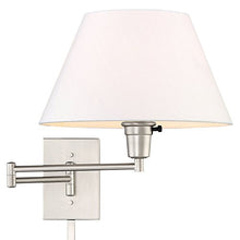 Load image into Gallery viewer, Kira Home Cambridge 13" Swing Arm Wall Lamp - Plug in/Wall Mount + White Fabric Shade, 150W 3-Way + Cord Covers, Satin Nickel Finish
