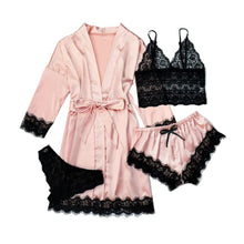 Load image into Gallery viewer, Qlarnaweer Women's Sleepwear 4pcs Floral Lace Lingerie Pajama Set with Robe Pink L

