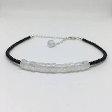 Load image into Gallery viewer, 925 sterling Silver Unique Wedding Gift 4x2-5x3mm stacking Black &amp; White Rainbow Moonstone and Black Spinel Bracelet Rondelle, Faceted &amp; Smooth 7" for mens, womens, gf, bf &amp; Adult.
