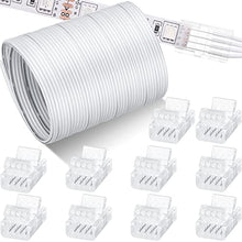 Load image into Gallery viewer, 32.8ft RGB Extension Cable Wire Cord and 10 Pcs LED Light Strip Connectors, Transparent Solderless Track Lighting Connector for Waterproof or Non Waterproof LED RGB Strip Light (4 Pin, 10 mm)
