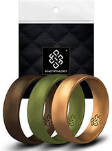 Load image into Gallery viewer, Knot Theory Woodland 3-Pack Silicone Ring for Men - Green Gold Bronze – Breathable Rubber Wedding Band 6mm Size 9 - Anniversary Present for Him - Husband Present from Wife
