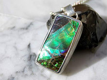 Load image into Gallery viewer, green Ammolite pendant silver, big Ammolite necklace, rare gemstone pendant gift for her, fossil pendant for him, unique mens gift for him
