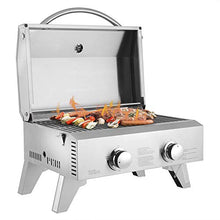 Load image into Gallery viewer, Propane Tabletop Grill, Two-Burner, Stainless Steel Gas Grill Portable 2000 BTU BBQ Grid with Foldable Legs for Outdoor Camping Picnic EASY SETUP
