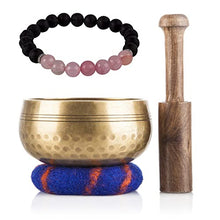 Load image into Gallery viewer, Tibetan Singing Bowl Set Bundle with Lava Stone and Rose Quartz Mala Bracelet — Handcrafted in Nepal for Chakra Healing, Meditation, Intention Setting, and Mantra Recitation
