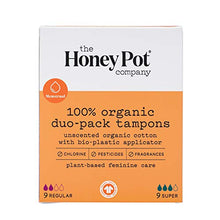 Load image into Gallery viewer, The Honey Pot Organic Unscented Tampons - Natural, Plant-Based, Feminine Menstrual Products - Chlorine Free Hypoallergenic - Bio Plastic Applicator - Super Absorbency Unscented Tampons - 18 Count
