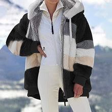 Load image into Gallery viewer, OutTop Sherpa Jacket Women Fall Winter Plush Warm Hooded Stripe Color Block Thicken Warm Fleece Coats Parka Outwear (Black, M)
