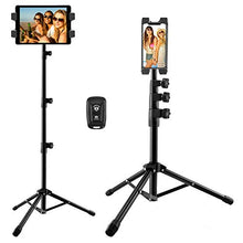 Load image into Gallery viewer, iPad Stand Tablet Tripod Stand,360 Rotating iPad Tripod Mount for Phone and iPad of 4.7-13", Adjustable 62" Tablet Tripod Holder with Bluetooth Remote Control for iPad Air,iPad Pro,iPhone,Kindle
