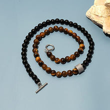 Load image into Gallery viewer, Hovaete 8mm Natural Stone Beads Short Necklace Stainless Steel Beaded Charm Choker Neck Chain Fashion Men and Women Jewelry 21.7inch(55cm)(yellow tiger eye+black onyx)
