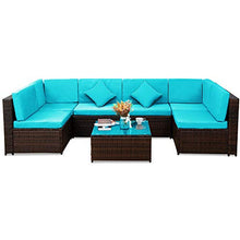 Load image into Gallery viewer, Merax 7 Pieces Patio, Weather PE Sectional Garden Furniture Corner Sofa Set for Backyard and Pool, Blue+Rattan
