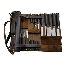 Load image into Gallery viewer, Chef knife bag |Travel-Friendly Chef Knife Wrap Bag | Genuine Leather Knife Roll | Storage Bag Handles Carry Case Kitchen | travel bag knives holder | for professional Chefs | KB003 (Dark Brown)
