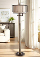 Load image into Gallery viewer, Terrence Rustic Farmhouse Floor Lamp Oil Rubbed Bronze Faux Wood Wire Cage Oatmeal Fabric Drum Double Shade for Living Room Reading Bedroom Office - Franklin Iron Works

