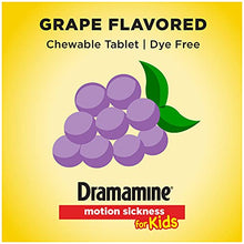 Load image into Gallery viewer, Dramamine Motion Sickness for Kids, Chewable, Dye Free, Grape Flavored, 8 Count

