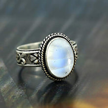 Load image into Gallery viewer, Rainbow Moonstone Ring Size 7 925 Silver Overlay Vintage Style Handmade Solitaire Ring
