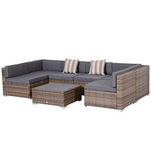 Load image into Gallery viewer, Outsunny 7-Piece Outdoor Rattan Sofa Set Wicker Patio Sectional Sets, Conversation Furniture Set with Cushions &amp; Slat Plastic Wood Table, Grey
