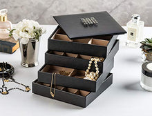 Load image into Gallery viewer, Glenor Co Earring Organizer Tray - 4 Stackable Trays with Lid -45 Slot Classic Jewelry Storage Display Case for Drawer or Dresser - Holder for Earring Ring Necklace or Cufflinks - Large Mirror - Black
