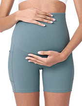 Load image into Gallery viewer, POSHDIVAH Women's Maternity Yoga Shorts Over The Belly Bump Summer Workout Running Active Short Pants with Pockets Light Green 5" X-Small
