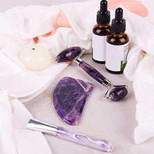 Load image into Gallery viewer, Authentic Amethyst Roller and Gua Sha Set - Jade Roller for Face - Face Roller: 100% Real Natural Amethyst - Face Massager, Facial Roller for Skin, Eyes, Neck - Authentic, Durable, Natural, No Squeaks
