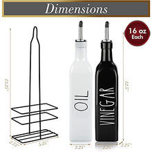 Load image into Gallery viewer, Farmhouse Oil and Vinegar Dispenser Set by Brighter Barns - Black &amp; White Olive Oil Dispenser Bottle with Caddy Holder &amp; Stainless Steel Spout - Cute Modern Vintage Glass Cruet for Kitchen -500ml 17oz
