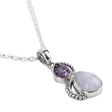 Load image into Gallery viewer, NOVICA Amethyst Rainbow Moonstone .925 Sterling Silver Pendant Necklace, 18" 'Two Teardrops'
