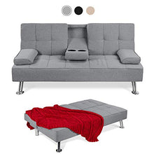 Load image into Gallery viewer, Best Choice Products Linen Upholstered Modern Convertible Folding Futon Sofa Bed for Compact Living Space, Apartment, Dorm, Bonus Room w/Removable Armrests, Metal Legs, 2 Cupholders - Gray
