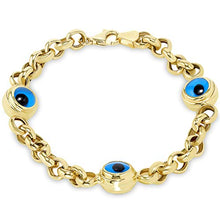 Load image into Gallery viewer, 14k Solid Yellow Gold Eye of Nazar Blue Evil Eye 6.5mm Rolo Chain Link Bracelet, 7.5"
