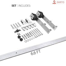 Load image into Gallery viewer, Sliding Barn Door 36 x 84 with Stainless Steel 6.6ft Hardware | Quadro 4002 White Silk with Frosted Opaque Glass | Top Mount Rail Hangers Sturdy Silver Set | Lite Wooden Solid Panel Interior Doors
