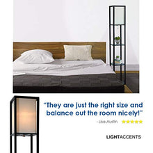 Load image into Gallery viewer, Floor Lamp with Shelves - Room Light by Lightaccents - Corner Storage Standing Bookshelf Lamp - Bedroom Light with Wooden Storage Shelves and White Cotton Linen Shade (Black)
