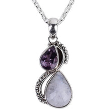 Load image into Gallery viewer, NOVICA Amethyst Rainbow Moonstone .925 Sterling Silver Pendant Necklace, 18" 'Two Teardrops'
