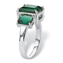Load image into Gallery viewer, Sterling Silver Emerald Cut Simulated Green Emerald 3-Stone Ring Size 8
