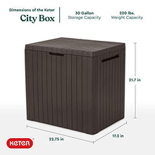 Load image into Gallery viewer, Keter City 30 Gallon Resin Deck Box for Patio Furniture, Pool Accessories, and Storage for Outdoor Toys, Brown

