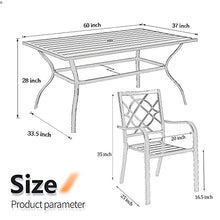 Load image into Gallery viewer, SUNCROWN 7-Piece Outdoor Wrought Iron Chairs and Table Patio Dining Furniture Set - 6 Stackable Metal Chairs and 1 Rectangular Steel Slat Bistro Table with 1.57" Umbrella Hole for Garden Backyard Deck
