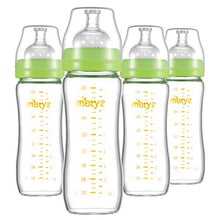 Load image into Gallery viewer, Matyz Glass Breastmilk Baby Feeding Bottle with Nipple, 4 Pack, 8 oz Slim and Light Bottle Easy to Hold, Food Grade Borosilicate Glass, Wide Neck Easy to Clean, BPA Free (Green Lids)
