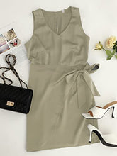 Load image into Gallery viewer, MIROL Women's Sleeveless Silk Mini Dress Tie Waist Casual V Neck Satin Beach Dress Solid Ruched Bodycon Tank Dress Khaki
