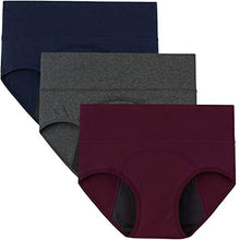 Load image into Gallery viewer, INNERSY Womens Menstrual Period Panties High Waist Cotton Postpartum Underwear 3 Pack(X-Large, Dark Red&amp;Navy&amp;Gray)
