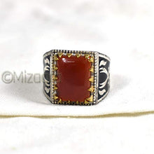 Load image into Gallery viewer, Red Onyx Silver Boys Ring, 925K Sterling Silver, Handmade Silver Ring, Aqeeq Men's Red Onyx, Black Enamel, Sword Design, Birthday Gift For Him
