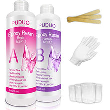 Load image into Gallery viewer, Epoxy-Resin-Crystal-Clear-Kit for Art, Jewelry, Crafts，Coating- 16 OZ Including 8OZ Resin and 8OZ Hardener | Bonus 4 pcs Measuring Cups, 3pcs Sticks, 1 Pair Rubber Gloves by PUDUO
